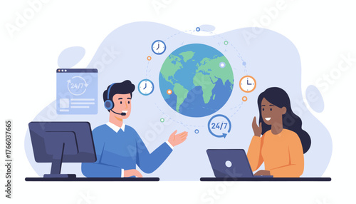 Diverse customer service team providing 24/7 global support with a male operator at a computer and a female operator at a laptop, connected by a network around the Earth, symbolizing international