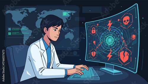 Cybersecurity expert intently monitors a complex digital interface displaying global threat data, including a skull icon, broken shields, and a padlock, indicating a high-stakes cyber defense