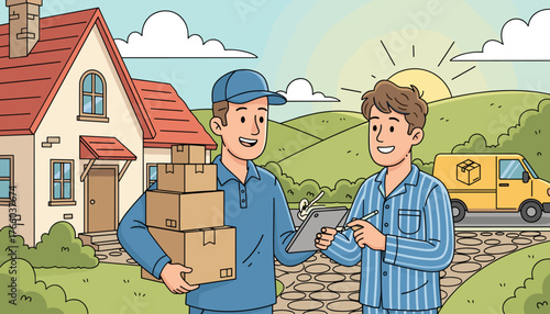Friendly delivery man in blue uniform holding stack of cardboard boxes, interacting with a smiling customer in pajamas, with a yellow delivery van and a house in the background, symbolizing efficient