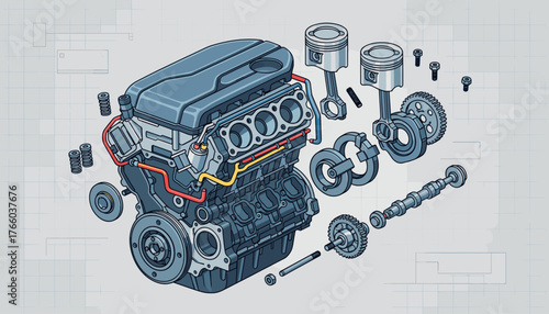 Exploded isometric view of a disassembled modern car engine, showcasing internal combustion components like pistons, crankshaft, camshaft, gears, and cylinder block, presented on a blueprint grid