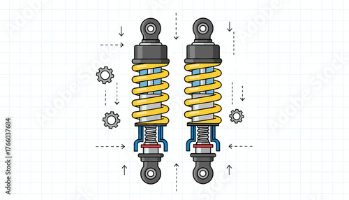 Detailed illustration of two yellow motorcycle shock absorbers with springs, gears, and directional arrows, presented on a grid background, symbolizing mechanical engineering and vehicle maintenance