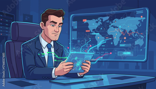 Focused businessman in a suit analyzing global data on a tablet, with a large futuristic world map display showing network connections and statistics in a high-tech control room, symbolizing cyber