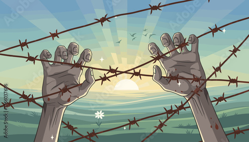 Desperate hands reaching through rusted barbed wire towards a bright sunrise, symbolizing struggle, confinement, and the yearning for freedom against oppressive barriers, with a single flower