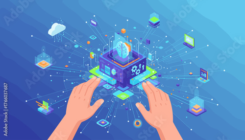 Futuristic digital transformation concept with a glowing brain icon at the center of a complex network, hands interacting with the interface, symbolizing AI, big data, cloud computing, and