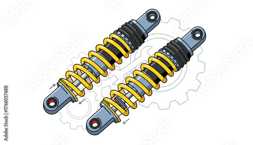 Detailed illustration of two yellow and gray motorcycle shock absorbers with black bellows, set against a subtle gear background, showcasing suspension components for enhanced vehicle performance and