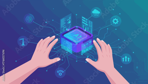 Conceptual illustration of digital transformation and artificial intelligence, with hands interacting with a central AI processor, surrounded by icons representing data, cloud computing, robotics