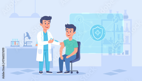 Doctor administering a vaccine injection to a smiling young man in a modern clinic, with a futuristic medical network interface displaying a shield and cross symbol, symbolizing health and protection