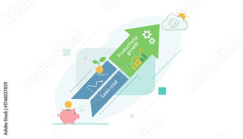 Modern flat vector illustration depicting the concept of lean cost reduction and productivity growth, symbolized by an upward arrow with gears, charts, and a piggy bank, representing business success