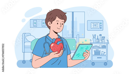 A cheerful medical professional, possibly a doctor or nurse, stands in a hospital room holding a red heart model and a tablet, symbolizing advanced healthcare, cardiology, and digital medical