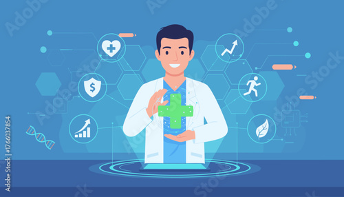 Male doctor in white coat holding a glowing green plus sign with digital medical icons and DNA helix surrounding him, representing healthcare technology and innovation, on a blue futuristic