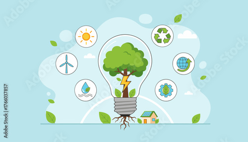 Vibrant illustration of a light bulb containing a lush green tree with roots and a lightning bolt, symbolizing renewable energy and eco-friendly concepts, surrounded by icons of sun, wind turbine