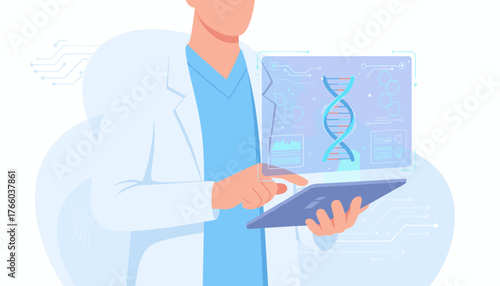 Modern medicine doctor interacting with a futuristic holographic medical record displaying DNA helix and scientific data, representing biotechnology and healthcare innovation, digital health