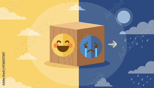 Conceptual illustration of mental health and emotional state, showing a wooden cube with a happy smiley face on one side and a sad crying face on the other, symbolizing the duality of human emotions