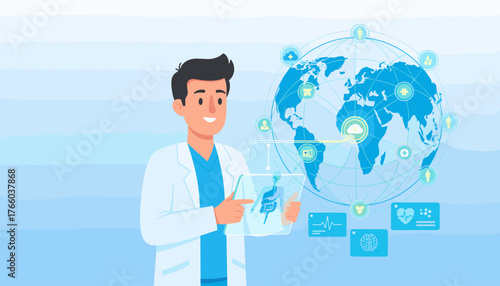 A smiling doctor in a white lab coat uses a transparent digital tablet displaying a human anatomy scan, while a glowing globe with interconnected medical icons hovers in the background, symbolizing