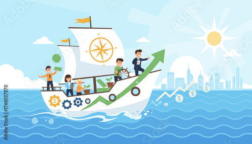 Navigating economic recovery and growth: A team of business professionals on a ship steers towards a bright future, symbolizing successful investing strategies and financial progress with a rising