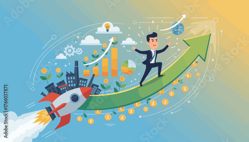 Vibrant illustration of a businessman in a suit running up a green arrow graph, symbolizing investment growth and profit increase, with a rocket launching from a cityscape and coins falling