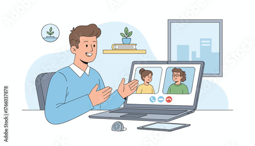 A man in a blue sweater is participating in an online video call, engaging in a discussion or interview with two colleagues or students, showcasing remote communication and modern business or
