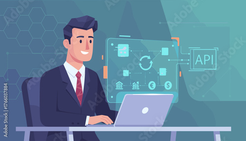 Modern businessman in suit working on laptop, interacting with a futuristic holographic interface displaying API integration, financial symbols, and data flow diagrams, representing open banking and