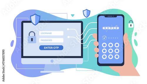 Digital security concept illustration: A computer screen displays a login form with username and password fields, while a hand holds a smartphone showing an OTP keypad and lock icons, symbolizing