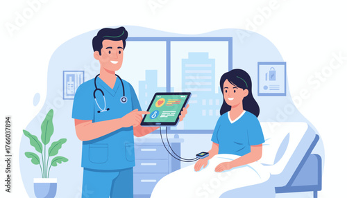 A friendly male physician in blue scrubs, wearing a stethoscope, uses a tablet to check a female patient's vital signs in a modern hospital room, showcasing advanced healthcare technology and patient