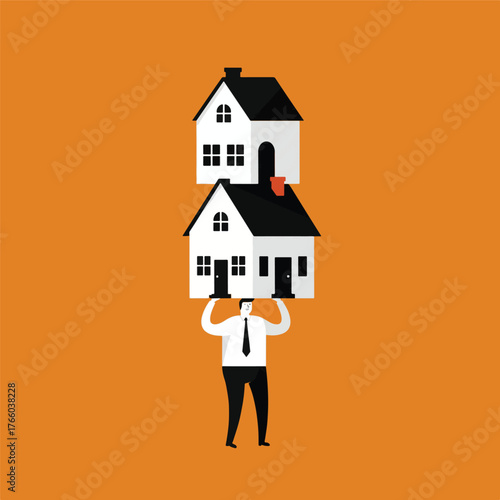 Vector art of man balancing two houses on his head, symbolizing housing burden