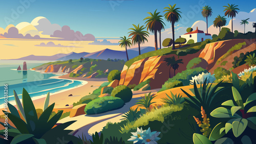 Very beautiful, cactus and palm trees at Heisler Park in Laguna Beach, Orange County, California, coastal scenery, rocky cliffs, ocean view, sunny skies, lush greenery, and serene natural landscape by