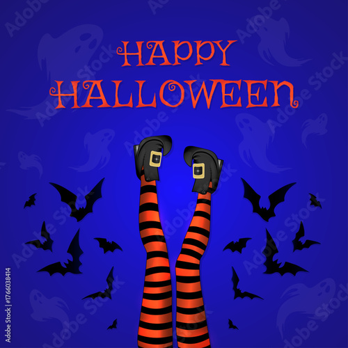 Funny Witch Legs with Bats and Ghosts – Happy Halloween Illustration