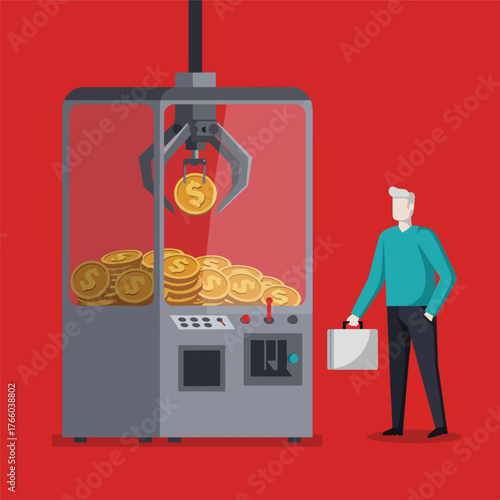Vector art of businessman trying to win money from a claw machine