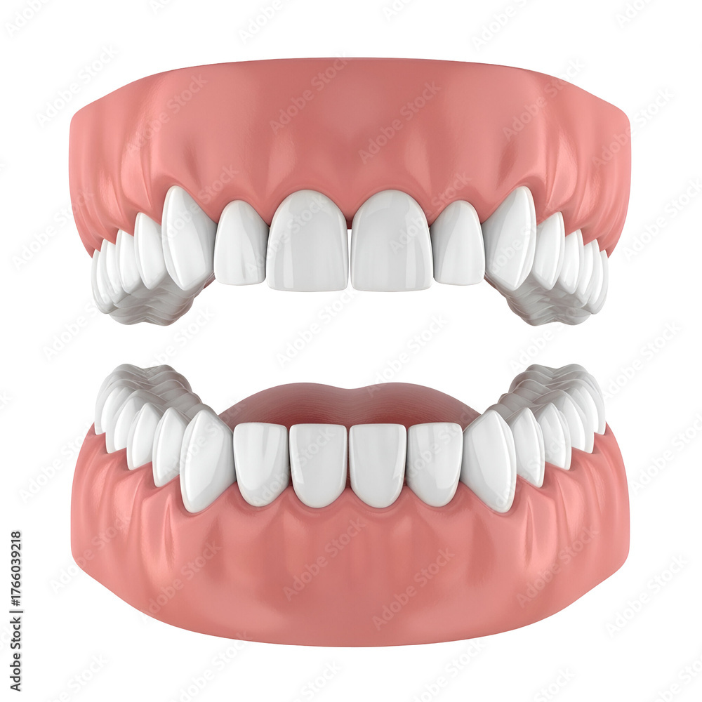 Obraz premium 3D Dental Model of Human Teeth and Gums. Perfect White Dentures for Oral Health, Dentistry, and Cosmetic Smile Concepts on an Isolated White Background.