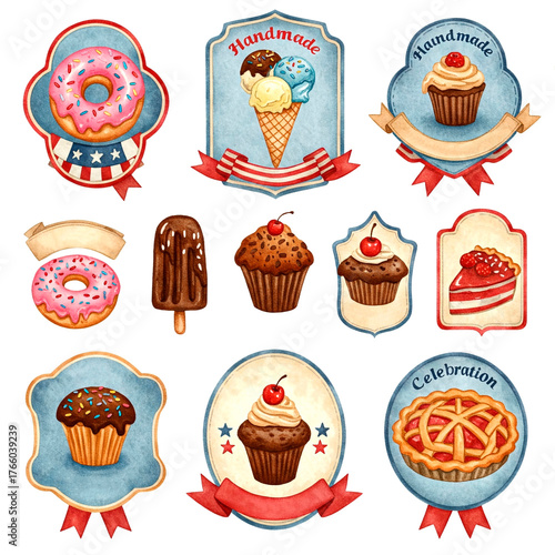 Watercolor American Dessert Labels Featuring Patriotic Donuts, Ice Cream, Pie, and Muffins for Festive Celebrations and Bakery Branding