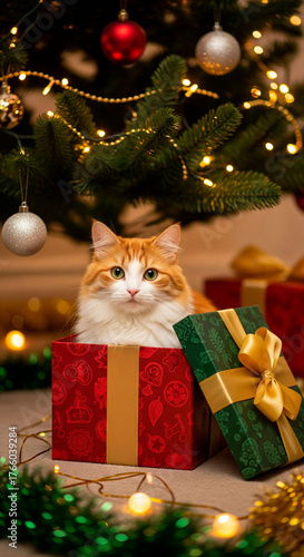 Curious orange cat peeking from behind a decorated Christmas tree surrounded by wrapped gifts and ornaments on a blue background, capturing holiday pet mischief and festive warmth in a cozy photo..