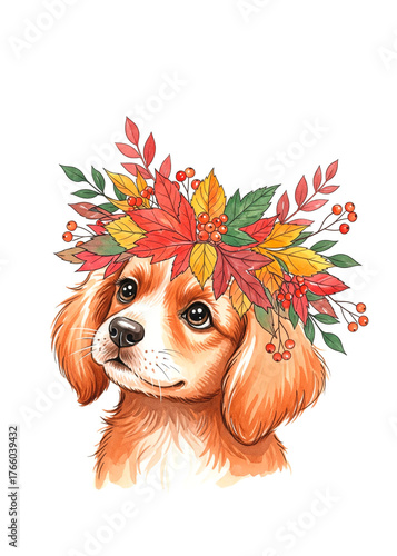 Adorable brown puppy with autumn leaf crown, red berries, watercolor style, whimsical seasonal pet illustration for decor and art.