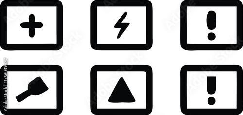Collection of six square icons featuring simple black symbols including a plus sign lightning bolt exclamation marks paintbrush and triangle