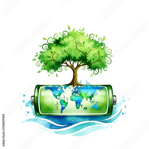 Vibrant Eco Tree Growing from Green Battery World Map with Wind Turbines, Solar Panels & Rippling Waves in Watercolor Style