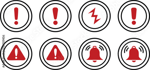 Collection of red warning and alert icons including exclamation marks lightning bolt and bell symbols on white background