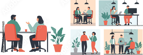Vector art of business meeting and office worker teamwork and collaboration concept