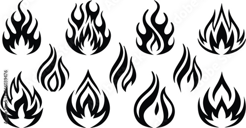 Collection of stylized black and white flame icons representing fire in various abstract shapes and sizes for graphic design elements