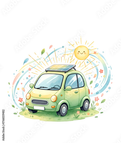 Whimsical Watercolor Eco Car Illustration: Cute Green Solar-Powered Vehicle with Smiling Sun, Swirling Flowers, Leaves & Lush Grass in Joyful Sustainable Scene