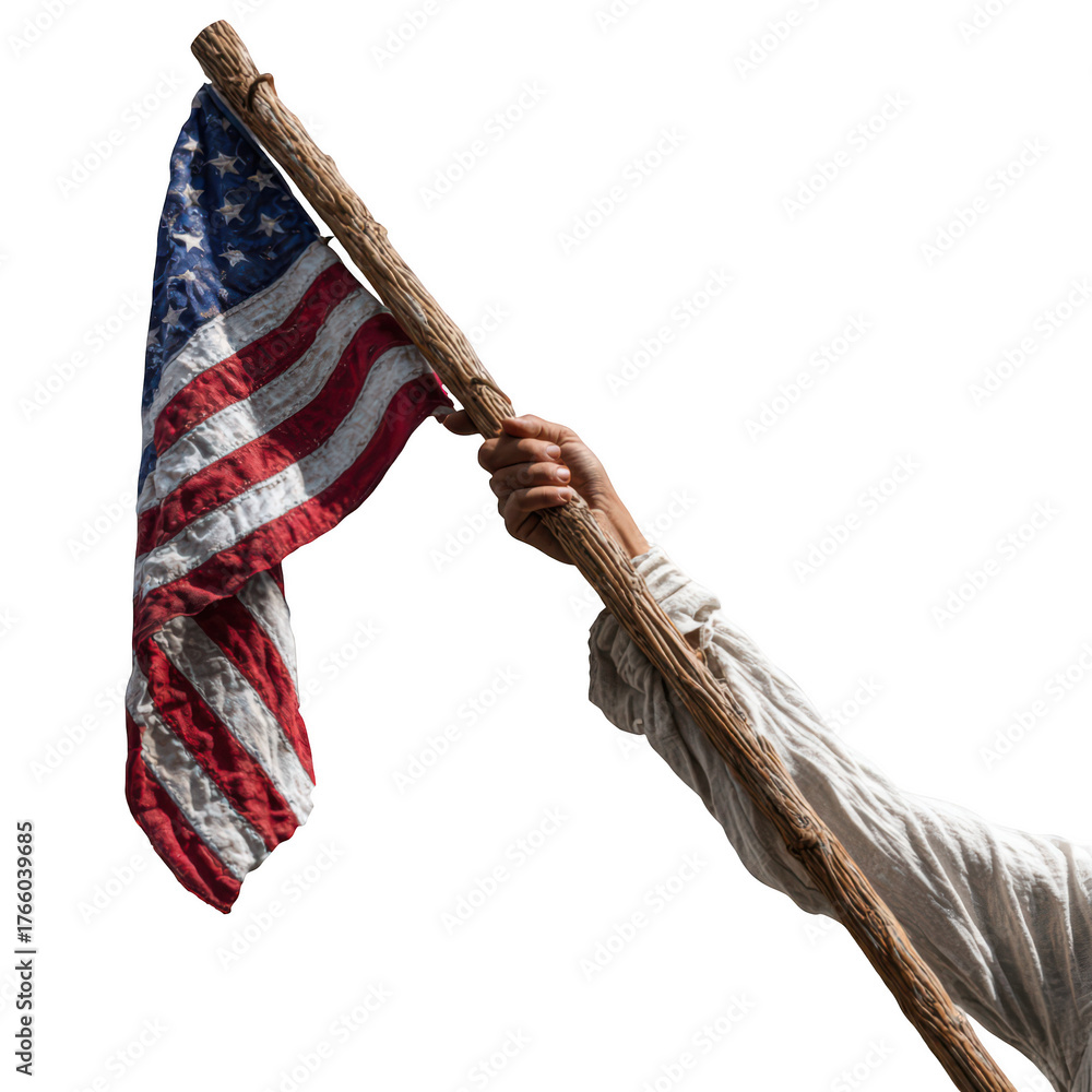 Naklejka premium A hand holds a weathered and tattered American flag on a rustic wooden staff a powerful symbol of historic struggle endurance and the fight for freedom