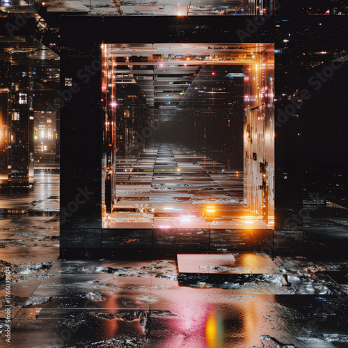 Illuminated Digital Corridor Tunnel, Futuristic Illuminated Tunnel with Neon Light Frames