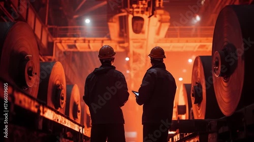 Two workers wearing hard hats stand in an industrial plant among large rolls, under orange lighting, looking at a tablet.