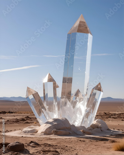 Wallpaper Mural A barren landscape enveloped in an unusual shimmering light, where geometric shapes arise, merging with shadows of colossal, invisible beings. An endless horizon held captive by colossal crystals refl Torontodigital.ca