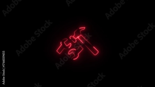 Neon glowing hammer and Wrench animation on black background.
