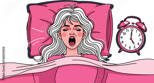 Illustration of a woman yawning in bed with an alarm clock next to her