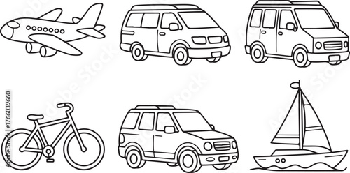 Airplane van car bicycle sailboat line drawings vector
