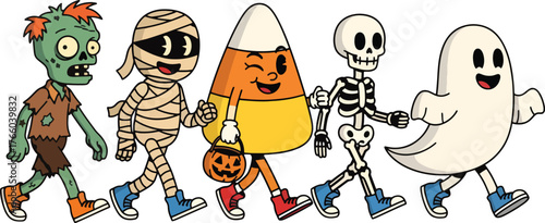 Vector art of cartoon halloween parade with zombie, mummy, candy corn, skeleton, and ghost