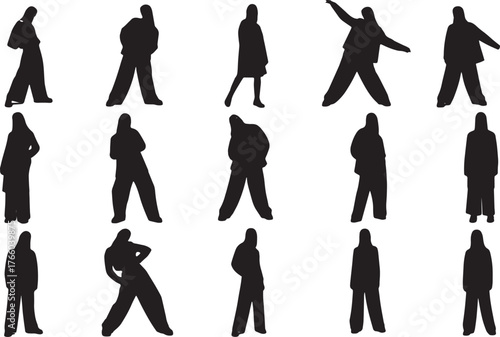 Vector art of diverse collection of stylish woman poses in various outfits, showcasing modern fashion trends