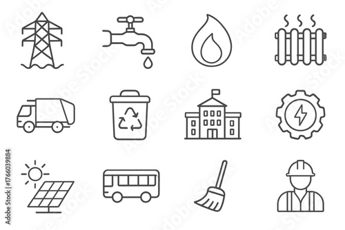 Public utilities and energy line icons — eco services, recycling, and maintenance