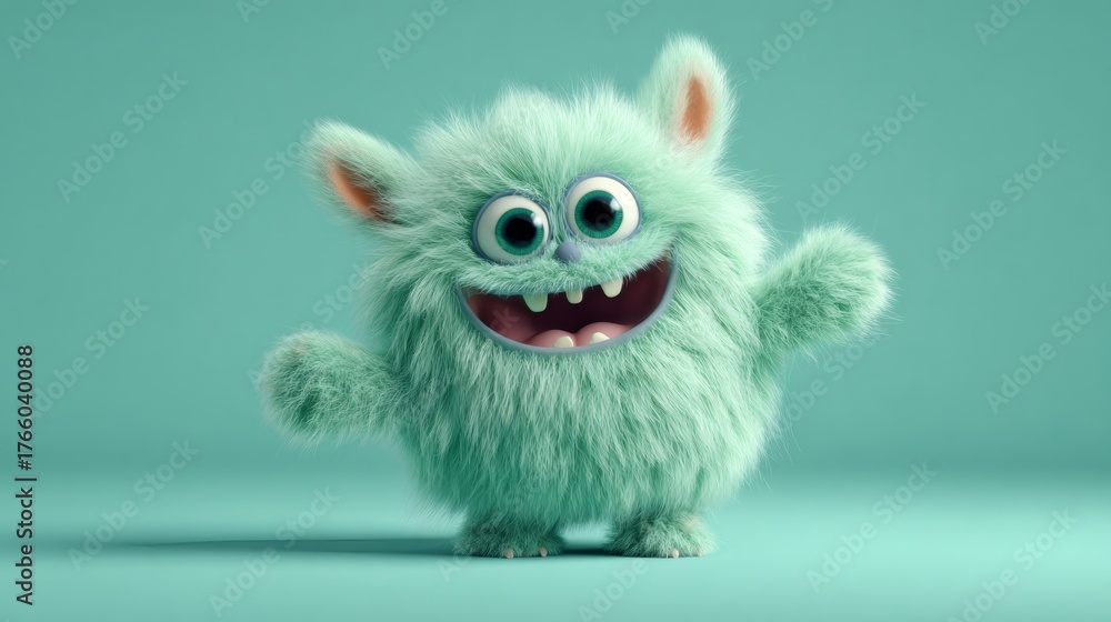 Obraz premium Cute green fluffy monster with big eyes and a wide happy smile posing on a teal background. Funny animated character for children's design.