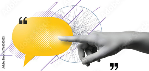 Vector art of creative illustration of hand touching speech bubble, representing communication and feedback